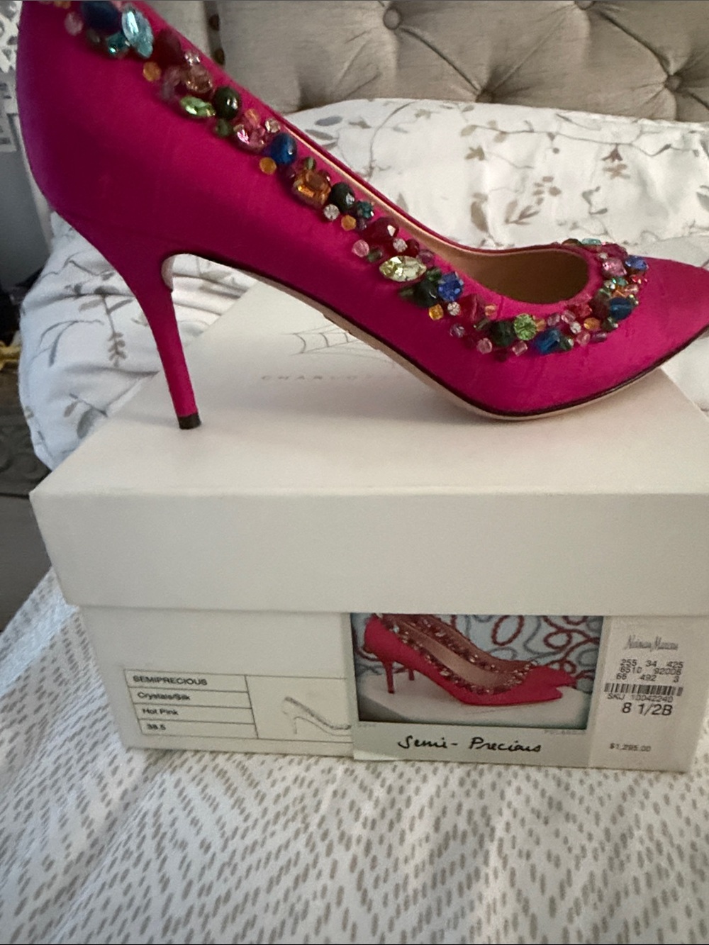 Charlotte Olympia Hot Pink Jeweled Satin Pumps - Designer Style